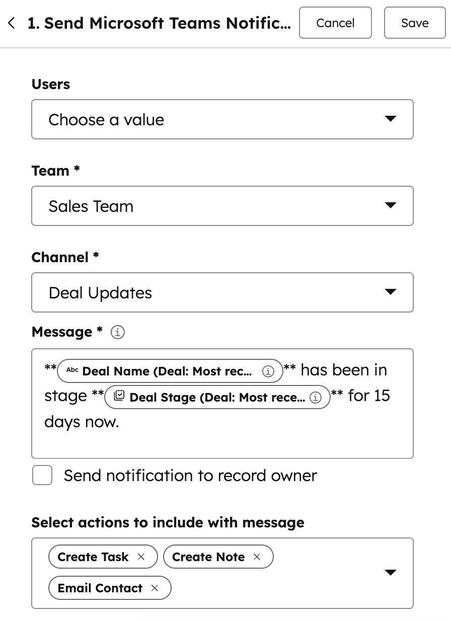HubSpot：工作流发送 Teams 通知