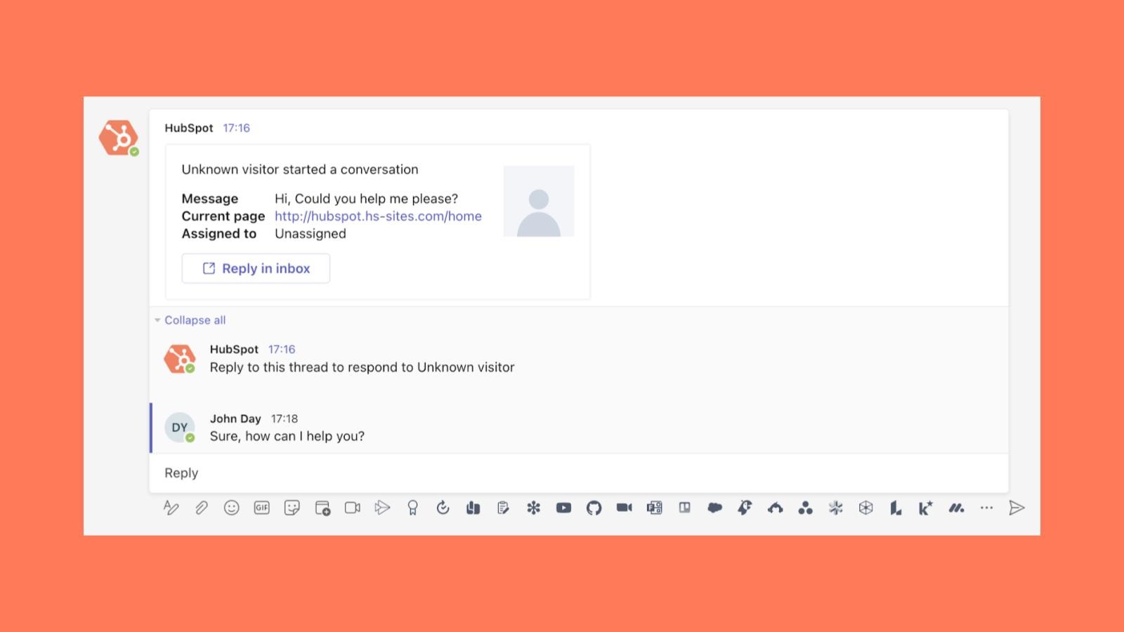 HubSpot:Teams 中接收 HubSpot 会话通知并在 Thread 中回复