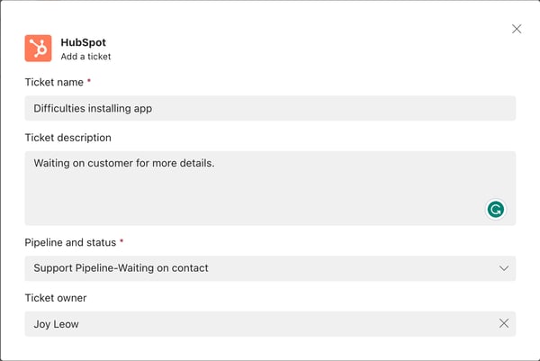 HubSpot：Teams 中创建 HubSpot Ticket