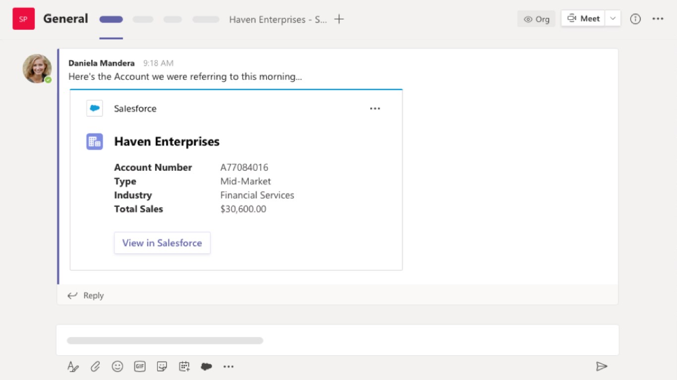 Salesforce for Microsoft Teams:Teams 聊天内发送 Salesforce 记录卡片