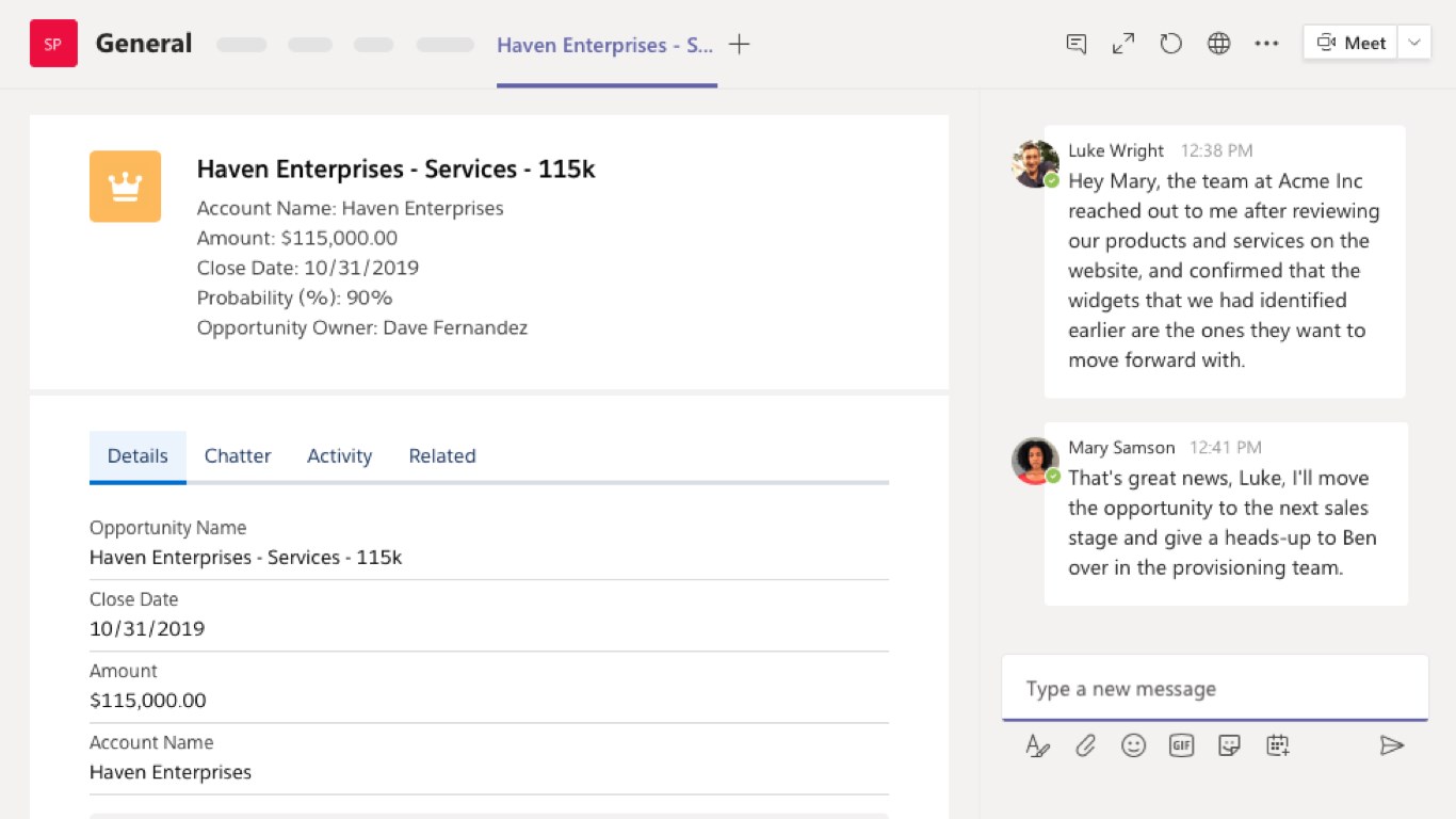 Salesforce for Microsoft Teams:Teams 频道中固定 Salesforce 记录 Tab