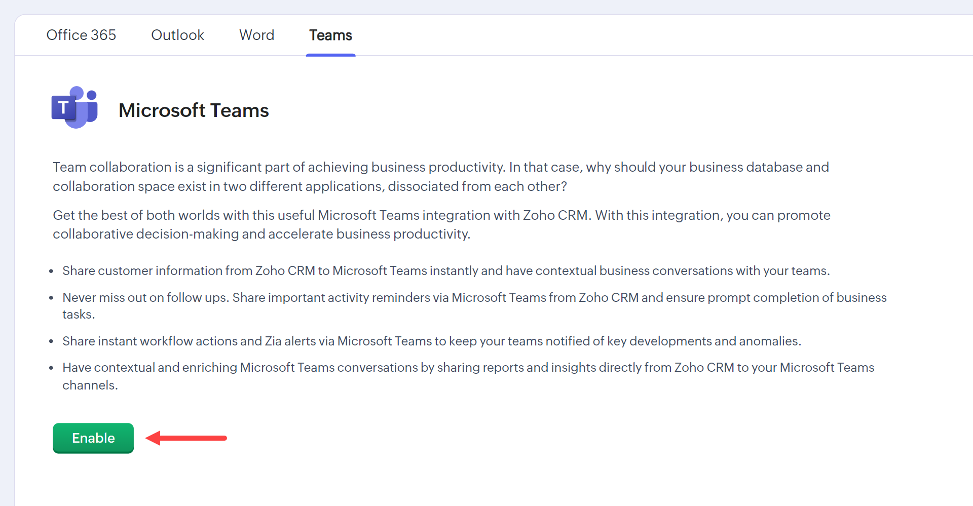 Zoho CRM 管理员在 CRM 后台启用 Microsoft Teams
