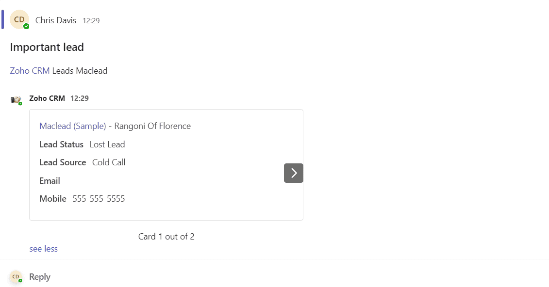 Zoho CRM Bot 在 Teams 中返回记录列表和业务卡片