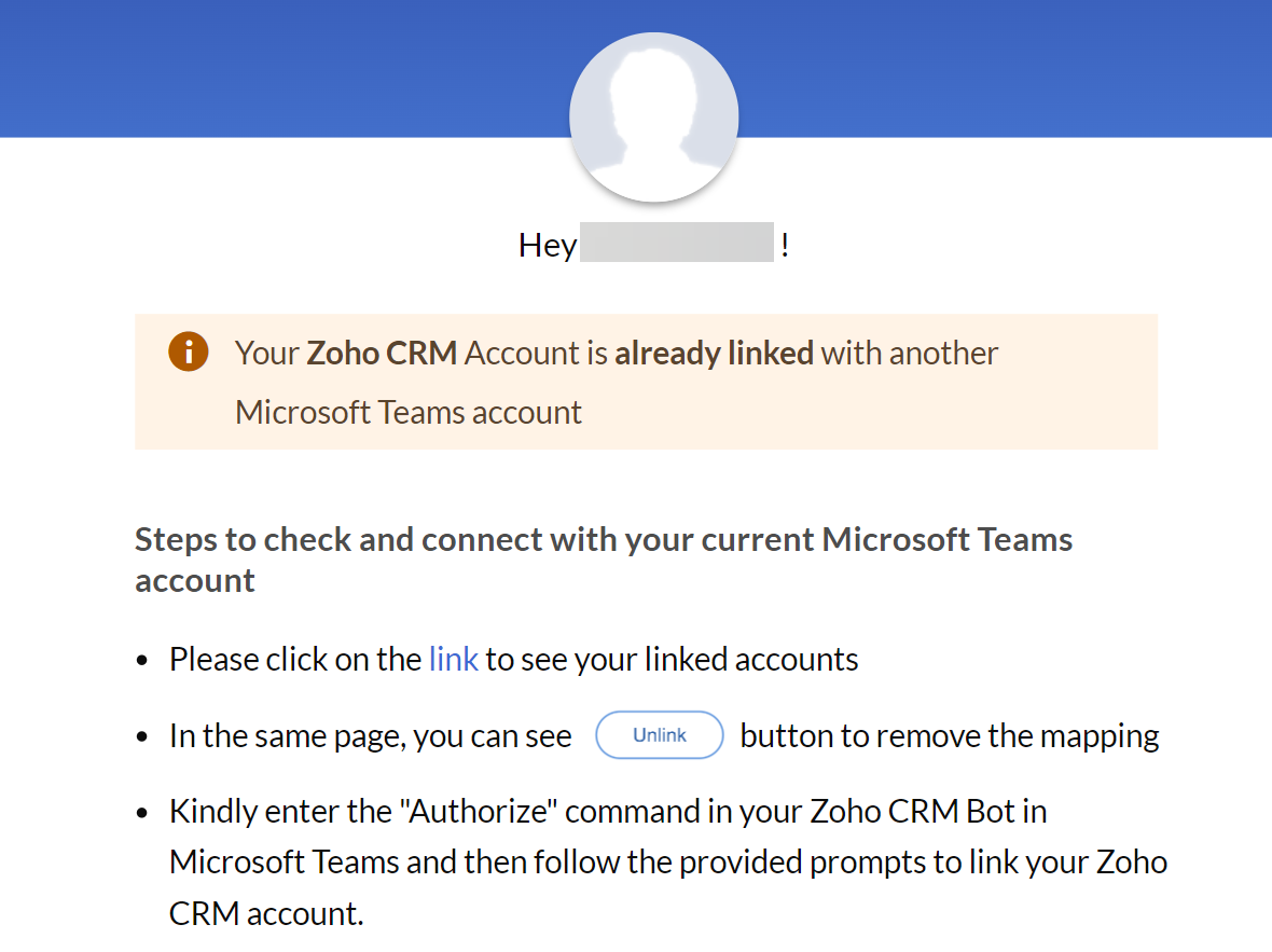 Zoho CRM 账号已关联其他 Teams 账号的冲突提示
