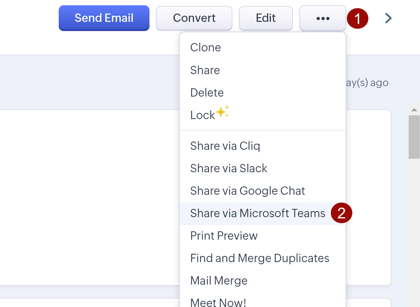 Zoho CRM 记录详情页 Share via Microsoft Teams