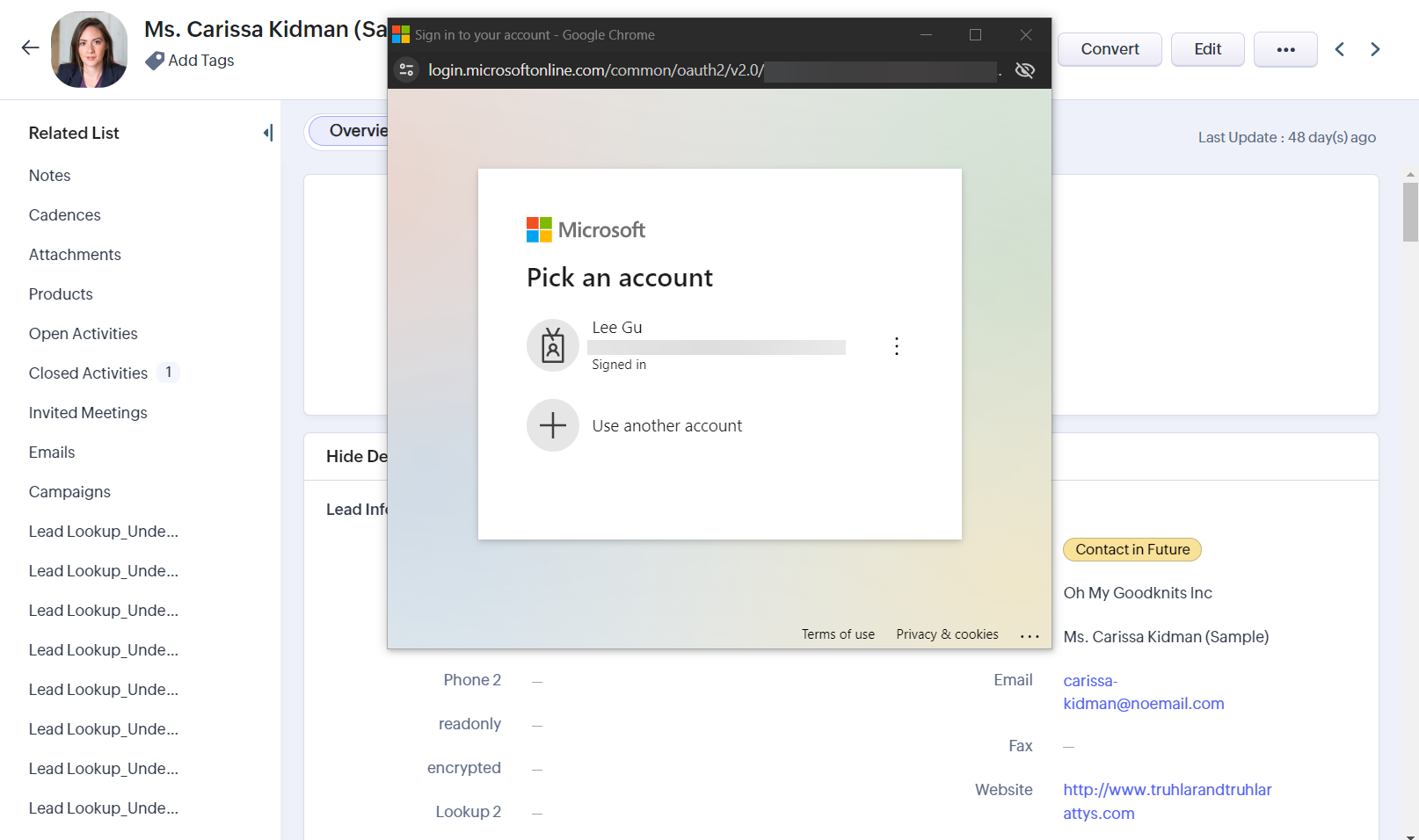 Zoho 用户首次操作时完成 Microsoft 账号授权
